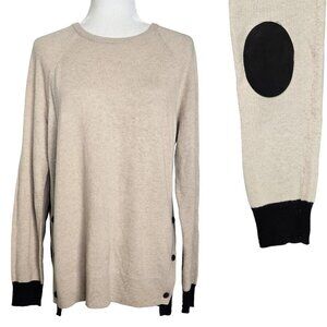 J. Crew Wool Blend Tan Black Elbow Patch Side Buttons Crew Neck Sweater Preppy